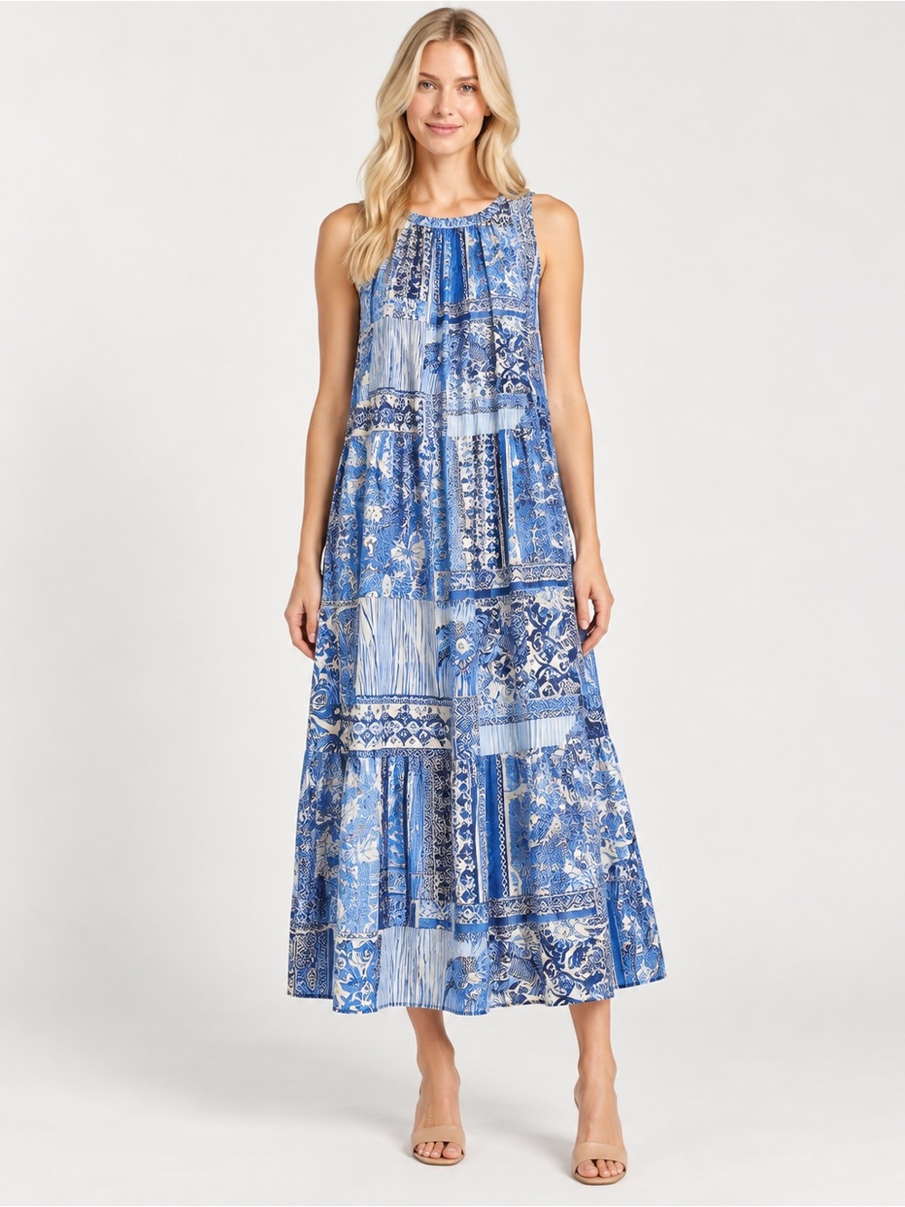 J.McLaughlin Blue White Patchwork Print Tiered Maxi Dress Large 57182